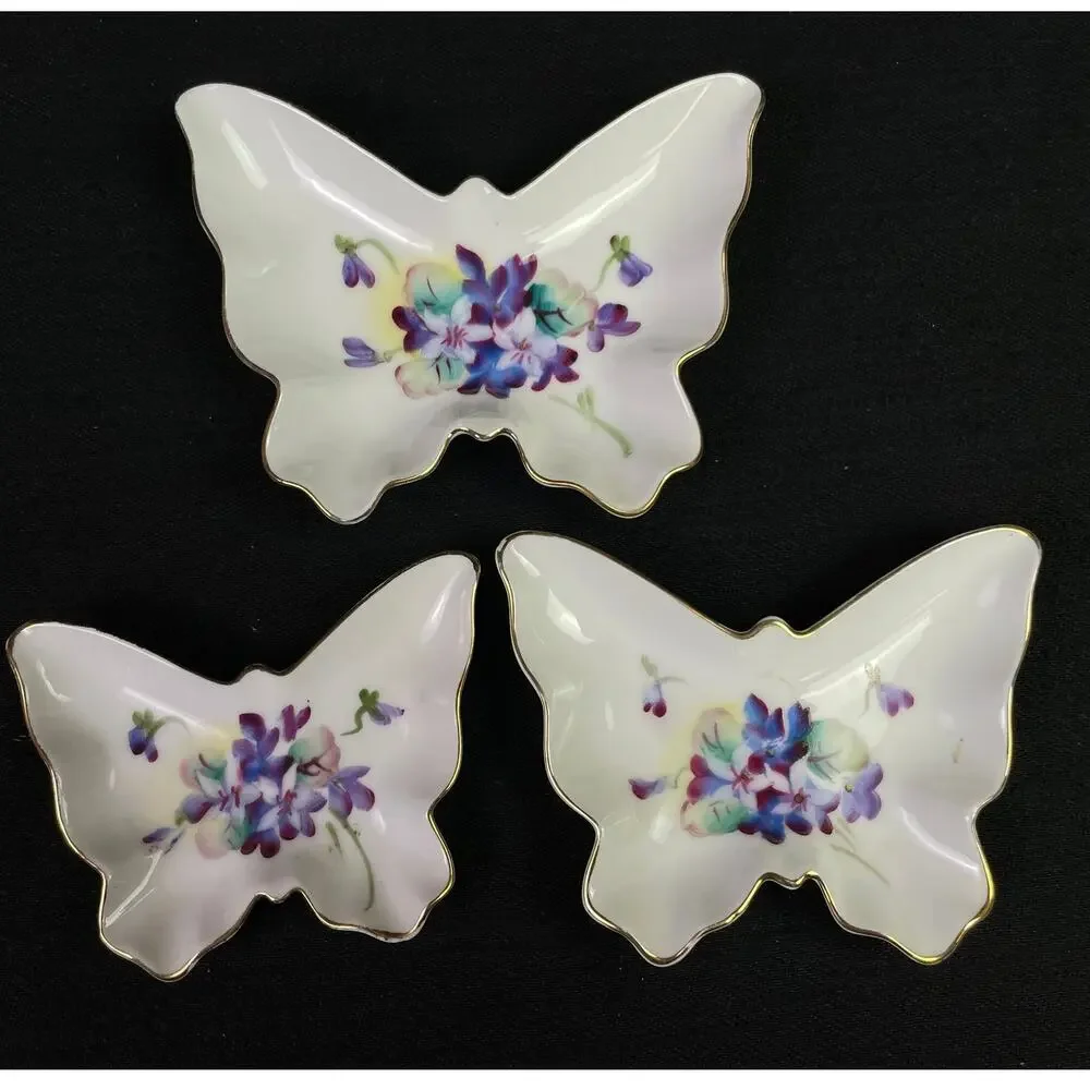 Vintage Butterfly Trinket Dishes Set of 3 Gold Trim Floral Porcelain